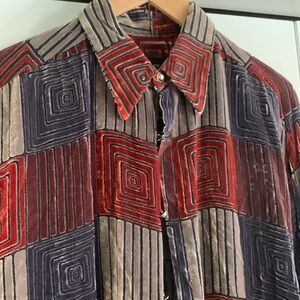 Genelli Silk Blend Geometric Velour Shirt Men’s Button Up Vintage Size Large